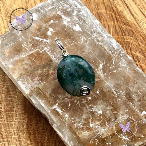 Moss Agate Oval Silver Swirl Pendant